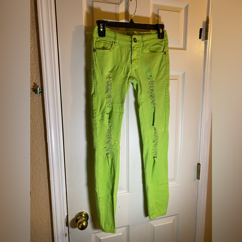 Emperial Premium Jeans Juniors 3 Low Rise Skinny Denim Green Distressed Skate